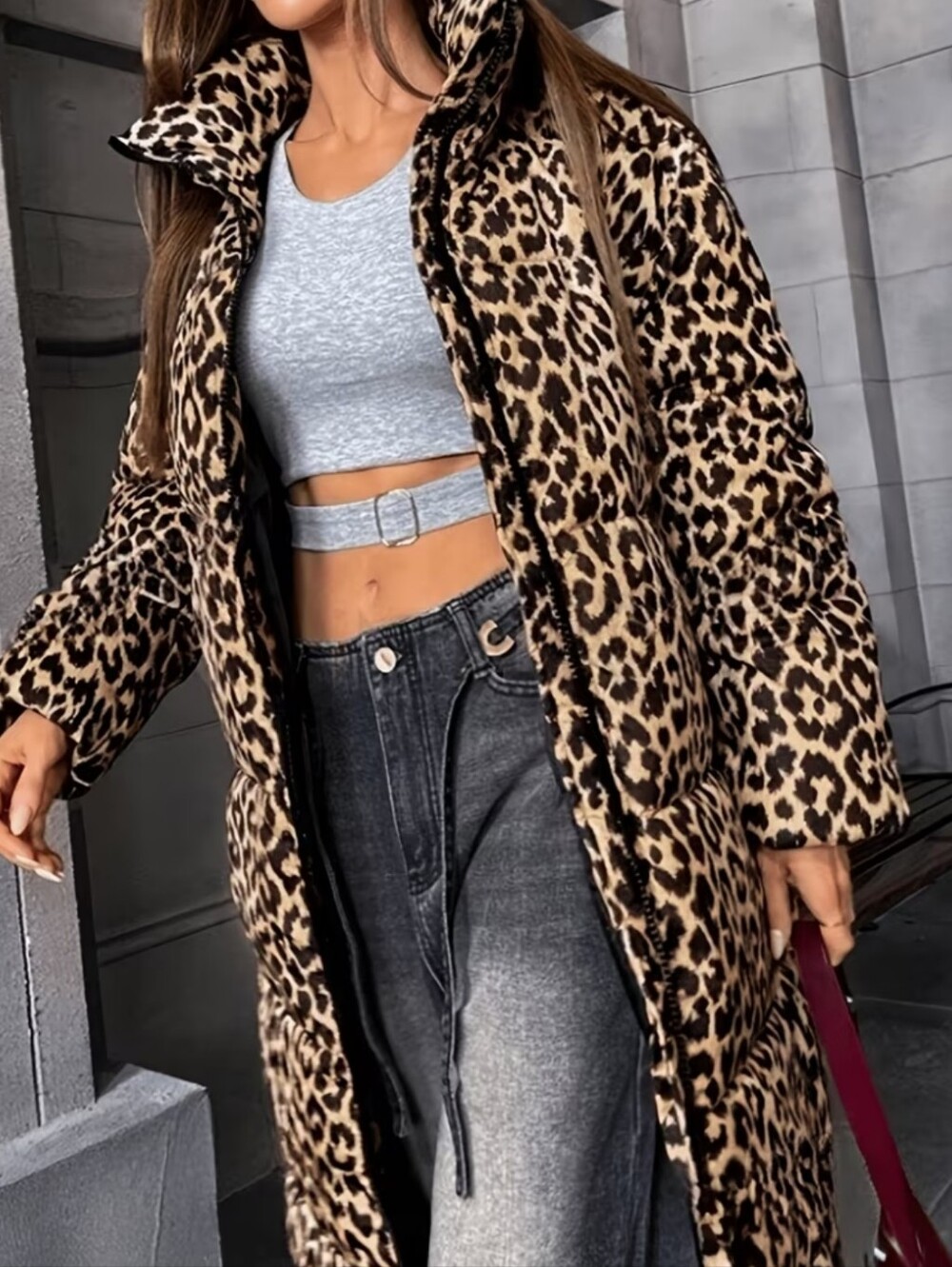 Leopard Print Long Puffer Coat - Brown - Picture 5 of 6